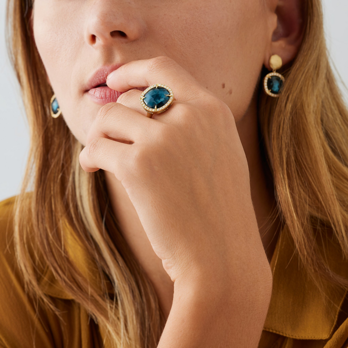 Marco Bicego Jewelry - Jaipur Color 18K Yellow Gold London Blue Topaz & Diamond Medium Ring | Manfredi Jewels