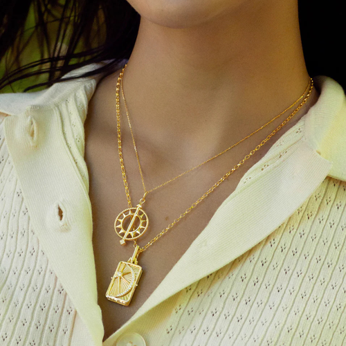 "Time is Precious" Open Sundial 18K Gold Necklace with Diamond Tip