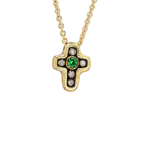 Cross 18K Yellow Gold Tsavorite Diamond Pendant Necklace