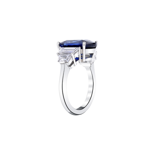 Platinum 5-Stone Ring with a Cushion Cut Sapphire and Mixed Diamond Accents