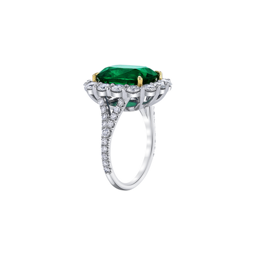 18K White Gold, Diamond, Emerald, & Platinum Cushion Cut Ring with Diamond Halo