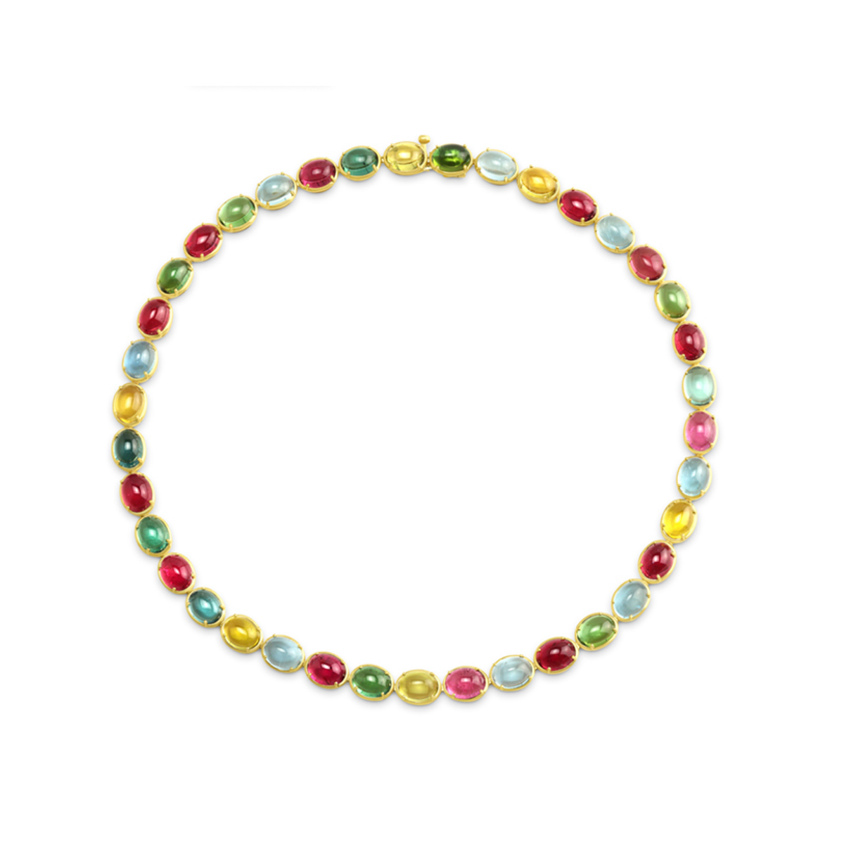 18K Yellow Gold Oval Cabochon Mixed Tourmaline & Aquamarine "Jellybean" Necklace