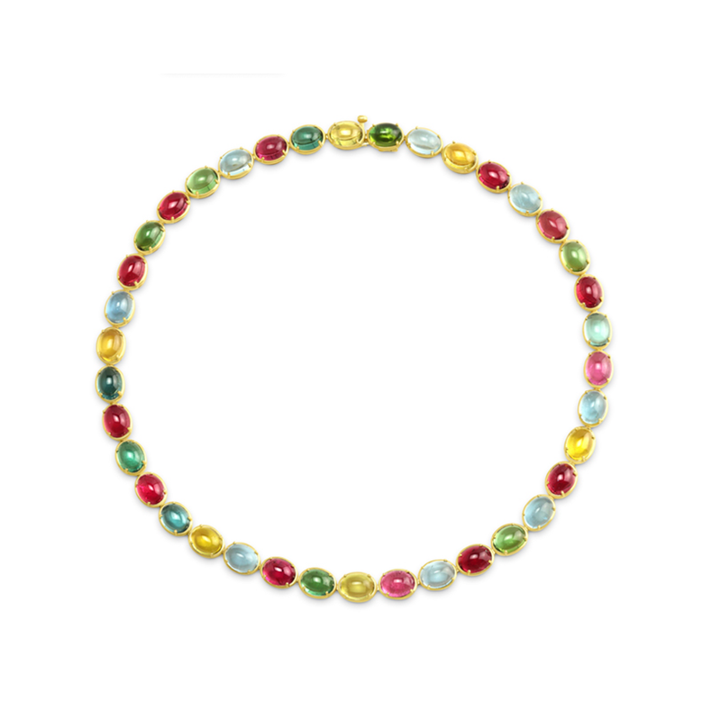 18K Yellow Gold Oval Cabochon Mixed Tourmaline & Aquamarine "Jellybean" Necklace