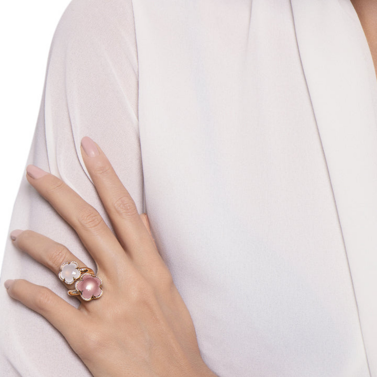 Pasquale Bruni Jewelry - Bon Ton 18K Rose Gold Rose & Milky Quartz Diamond Double Flower Ring | Manfredi Jewels