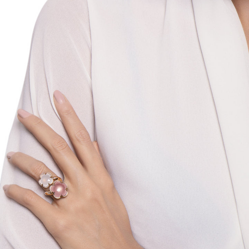 Bon Ton 18K Rose Gold Rose & Milky Quartz Diamond Double Flower Ring