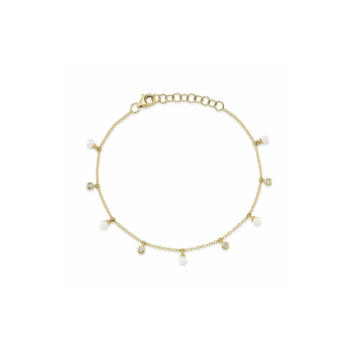 14K Yellow Gold 0.04ct Diamond & Pearl Dangle Bracelet