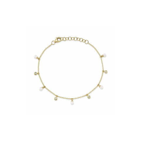 14K Yellow Gold 0.04ct Diamond & Pearl Dangle Bracelet