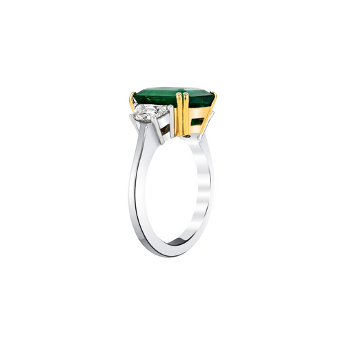 Platinum & 18K Yellow Gold Three-Stone Ring with Emerald and Half Moon Diamonds