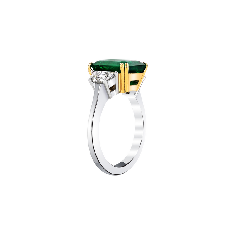 Platinum & 18K Yellow Gold Three-Stone Ring with Emerald and Half Moon Diamonds