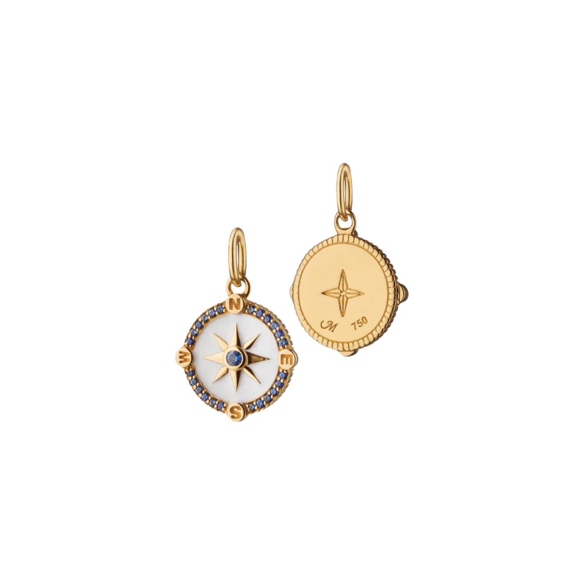 Monica Rich Kosann Jewelry - 18K Yellow Gold Mini ’Adventure’ Compass Necklace with White Enamel and Blue Sapphires | Manfredi Jewels