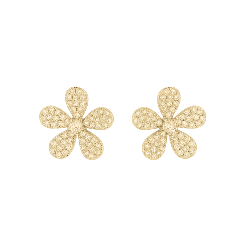 18K Yellow Gold & Diamond Flower Stud Earrings