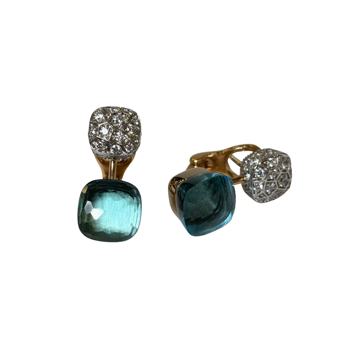 Estate 18K Rose & White Gold Pomellato Diamond & Blue Topaz Double Nudo Earring