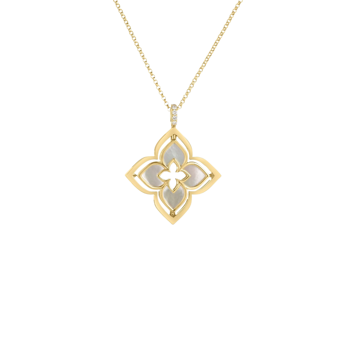 Roberto Coin Jewelry - 18K Yellow Gold Venetian Princess Pirouette Pave Diamond & Mother Of Pearl Flower Necklace | Manfredi Jewels