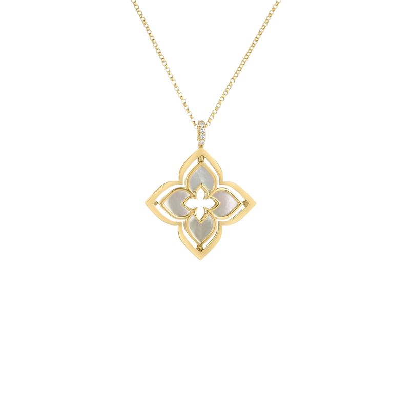 18K Yellow Gold Venetian Princess Pirouette Pave Diamond & Mother Of Pearl Flower Necklace