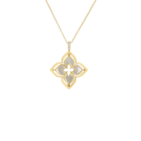 18K Yellow Gold Venetian Princess Pirouette Pave Diamond & Mother Of Pearl Flower Necklace
