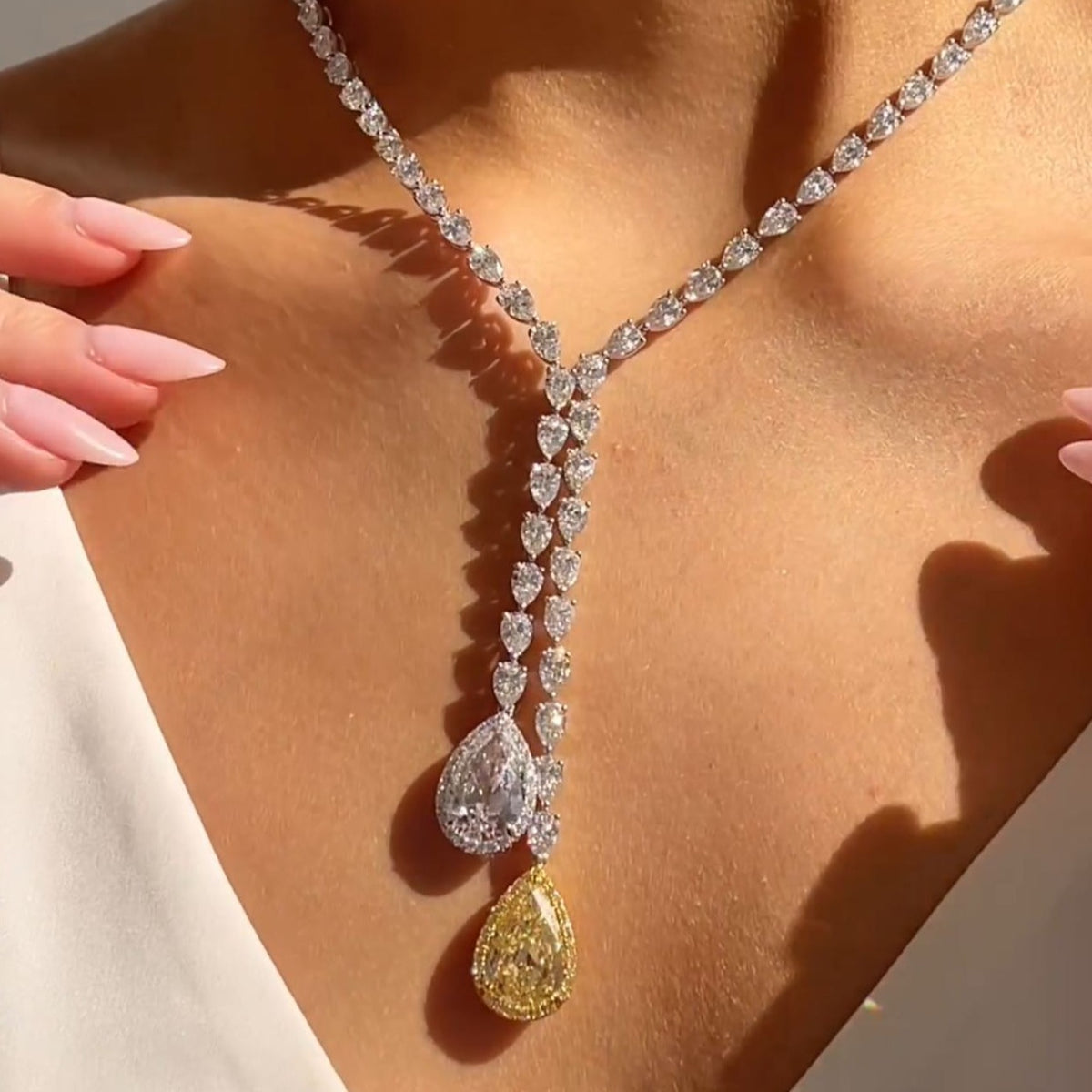 Rahaminov Diamonds Jewelry - Pear Cut 10.05 ct White Gold Celestial Lariat Halo Yellow and White Diamond Necklace | Manfredi Jewels