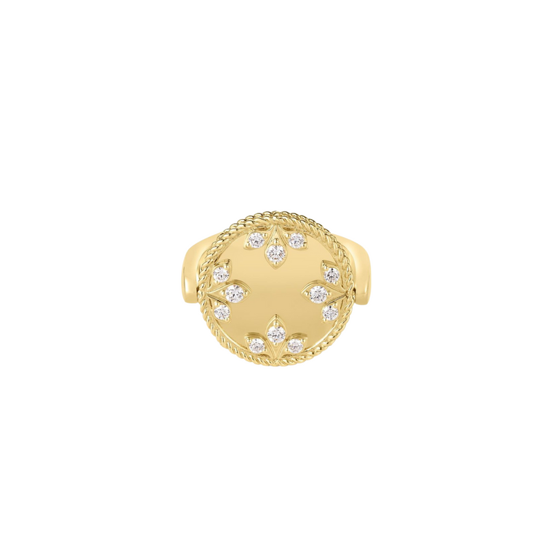 18K Yellow Gold Reversible Medallion Ring in White Mother of Pearl & Diamond