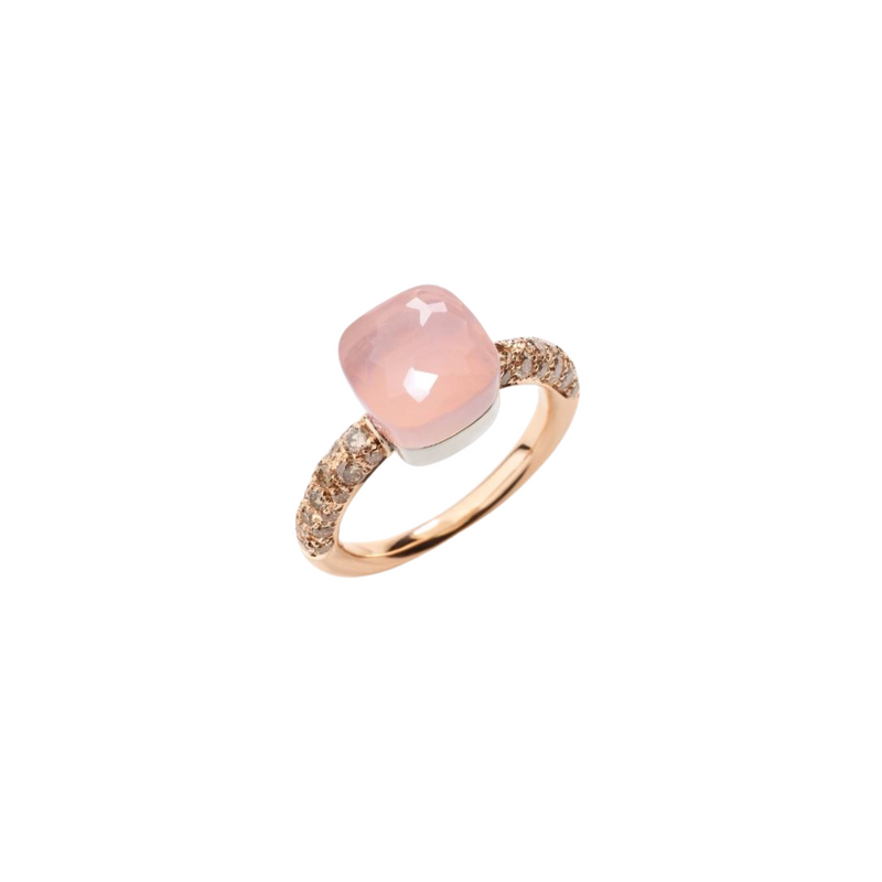 Pomellato Jewelry - Nudo 18K Rose Gold Rose Quartz and Chalcedony with a Brown Diamond Pavé Petit Ring | Manfredi Jewels