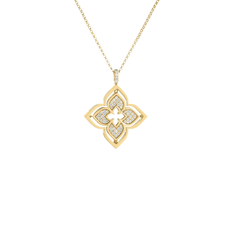 18K Yellow Gold Venetian Princess Pirouette Pave Diamond & Mother Of Pearl Flower Necklace