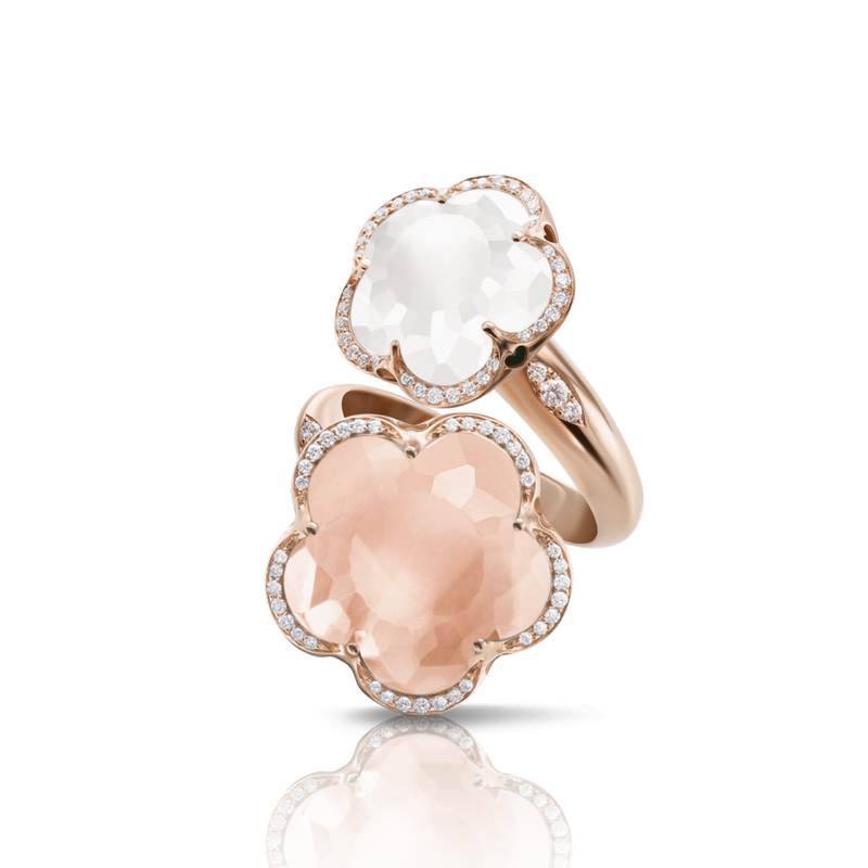 Pasquale Bruni Jewelry - Bon Ton 18K Rose Gold Rose & Milky Quartz Diamond Double Flower Ring | Manfredi Jewels