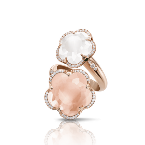 Bon Ton 18K Rose Gold Rose & Milky Quartz Diamond Double Flower Ring