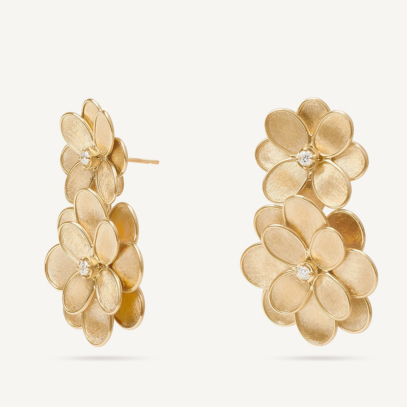 Petali 18K Yellow Gold Double Flower Drop Diamond Earrings