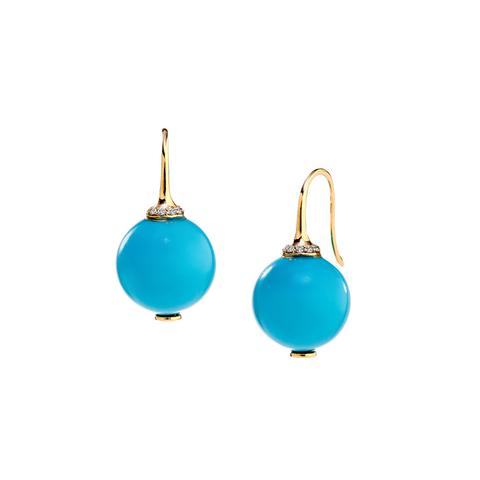 18K Yellow Gold, Diamond, & Turquoise Drop Earrings