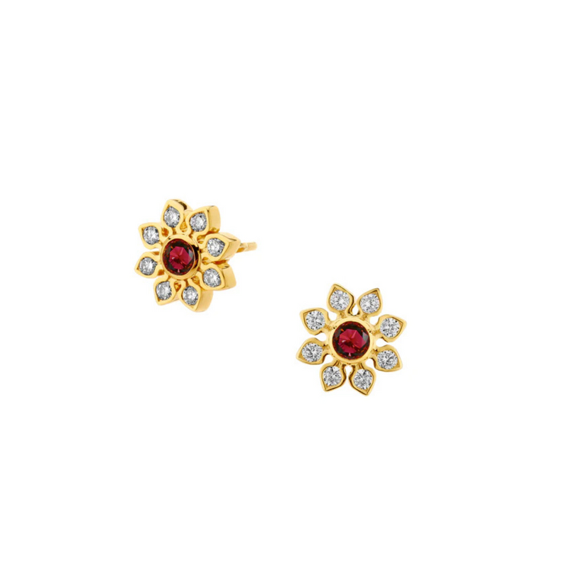 Cosmic 18K Yellow Gold Diamond & Ruby Flower Studs