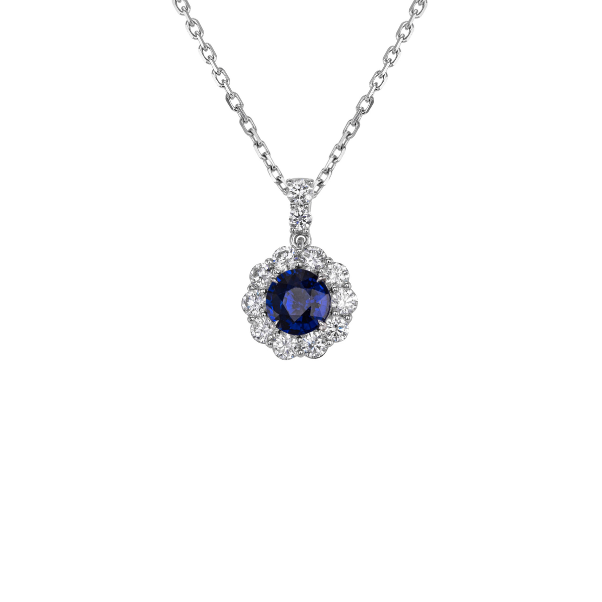 18K White Gold Sapphire Pendant with Diamond Halo