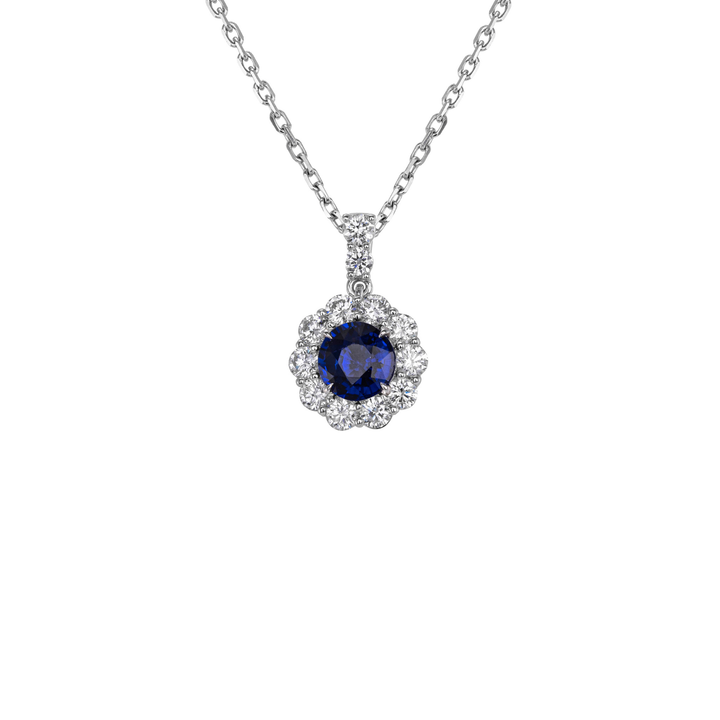 18K White Gold Sapphire Pendant with Diamond Halo