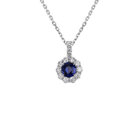 18K White Gold Sapphire Pendant with Diamond Halo