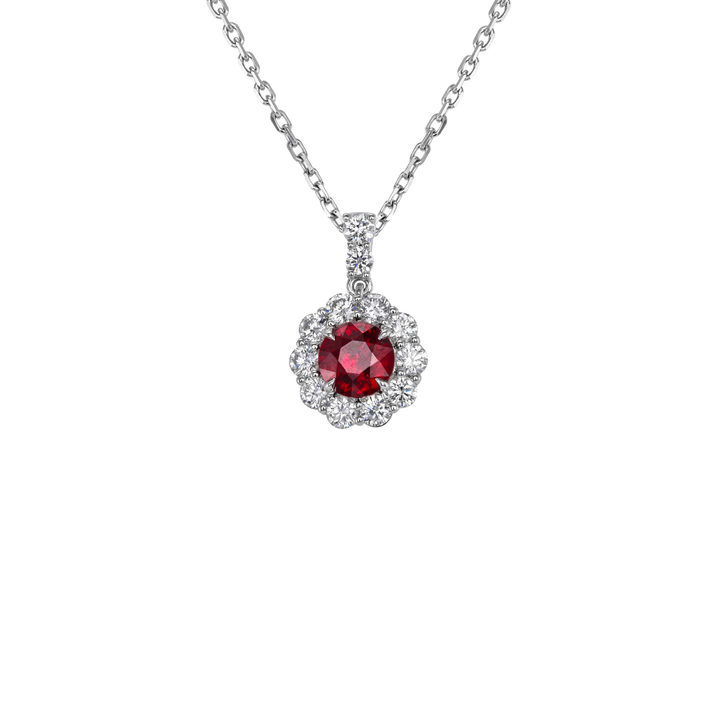 18K White Gold Ruby Pendant with Diamond Halo