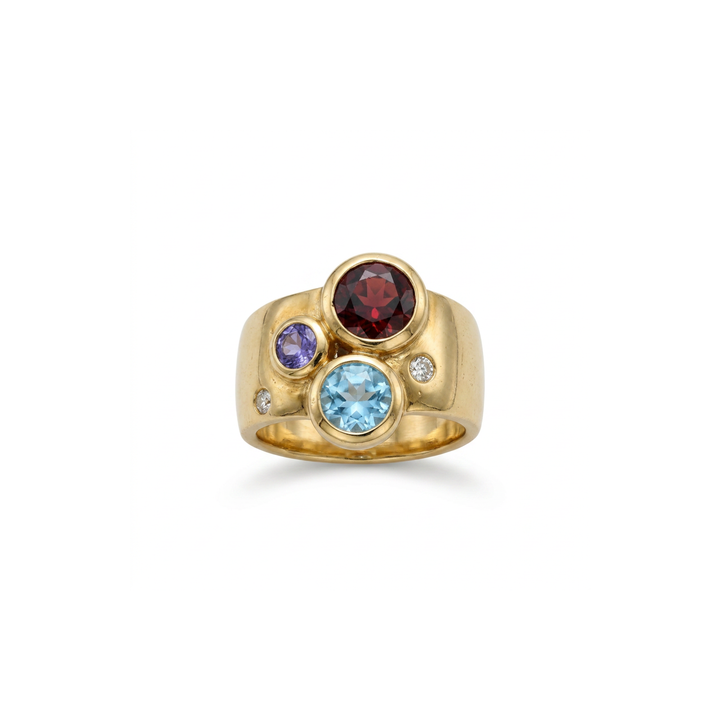 Manfredi Jewels Jewelry - Estate 18K Yellow Gold Garnet Sky Blue Topaz Tanzanite and Diamond Cluster Ring | Manfredi Jewels