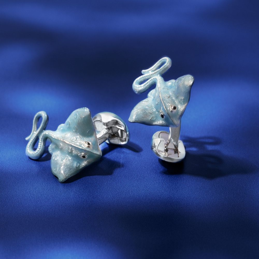 Deakin & Francis Accessories - Sterling Silver Blue Enamel Stingray Cufflinks | Manfredi Jewels