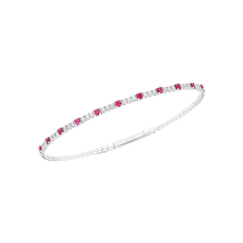 14K White Gold Flexible Bangle With Round Diamonds And Ruby