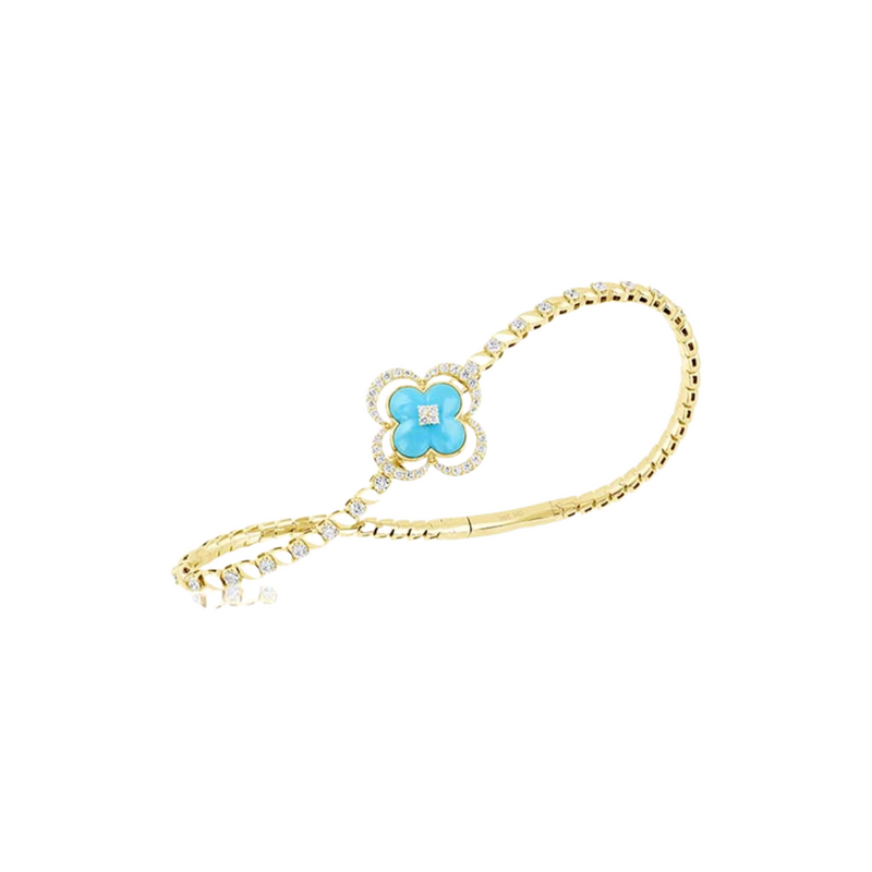 14K Yellow Gold Flexible Bangle With Diamond and Turquoise Clover