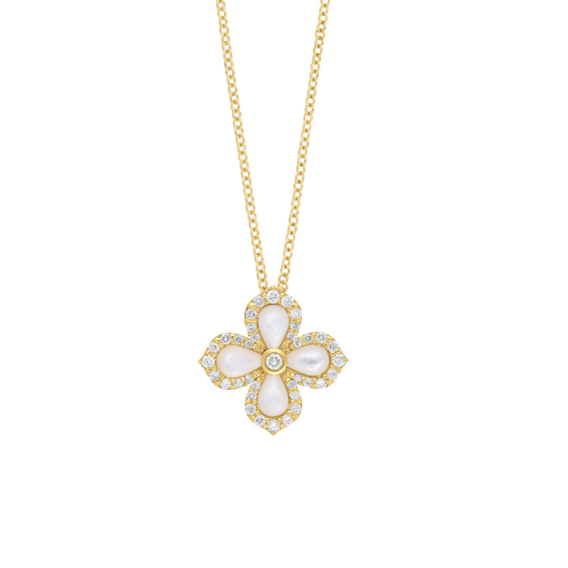 14K Yellow Gold, Diamond, & Mother Of Pearl Flower Necklace