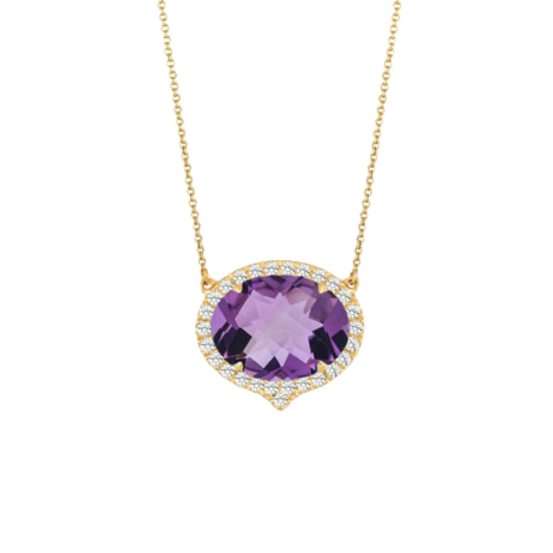 Viola 18K Yellow Gold Purple Amethyst & Diamond Halo Necklace