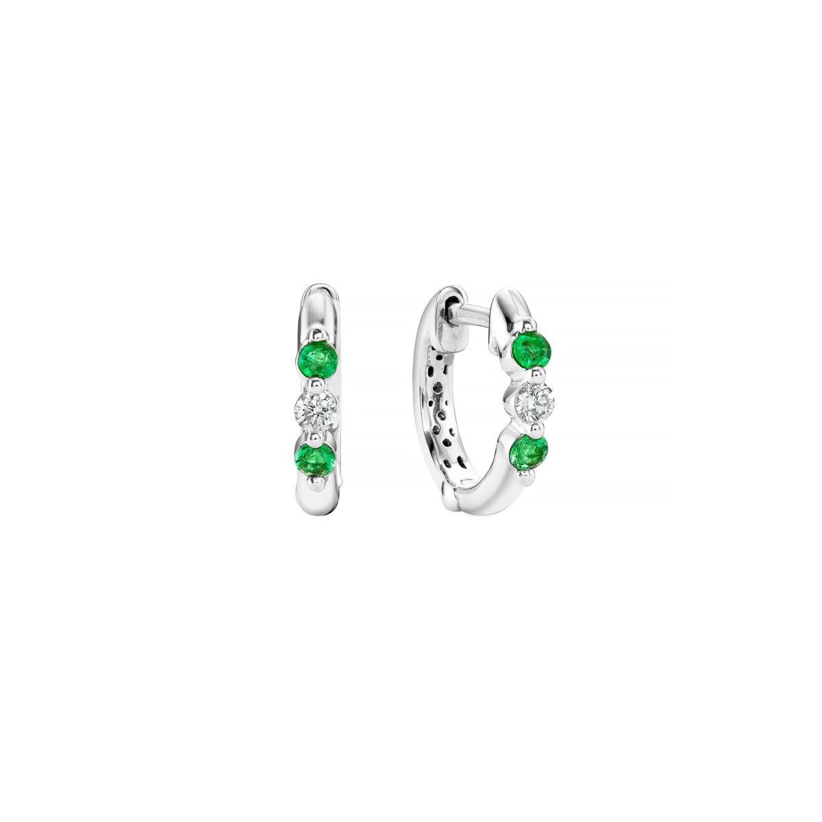 18K White Gold Diamond & Emerald Alternating Huggie Hoops