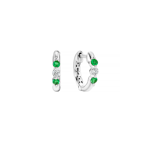 18K White Gold Diamond & Emerald Alternating Huggie Hoops