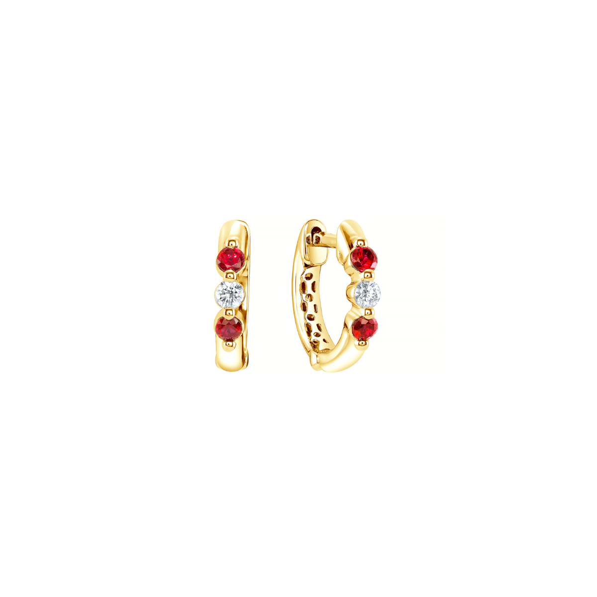 18K Yellow Gold Diamond & Ruby Alternating Huggie Hoops