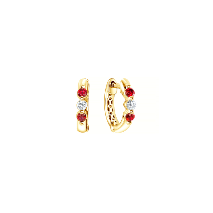18K Yellow Gold Diamond & Ruby Alternating Huggie Hoops
