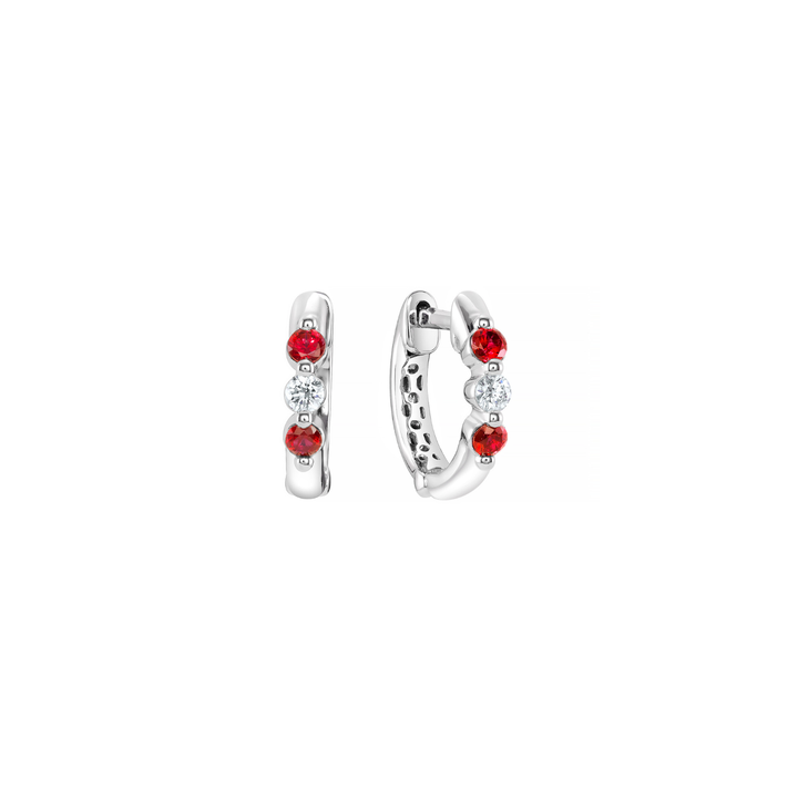 18K White Gold Diamond & Ruby Micro Alternating Huggie Hoops