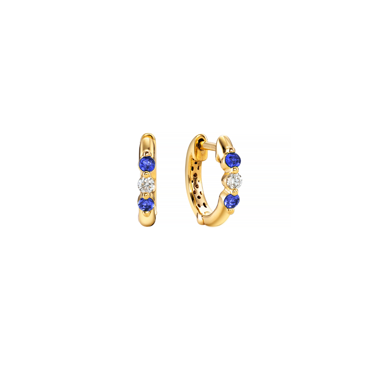 18K Yellow Gold Diamond & Sapphire Alternating Huggie Hoops