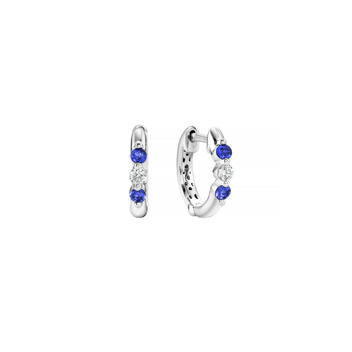 18K White Gold Diamond & Sapphire Alternating Huggie Hoops