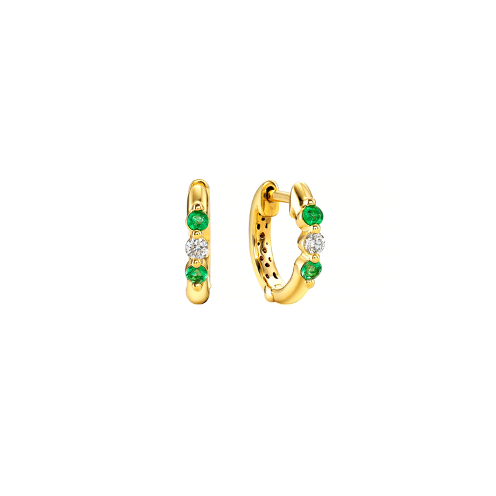 18K Yellow Gold Diamond & Emerald Alternating Huggie Hoops