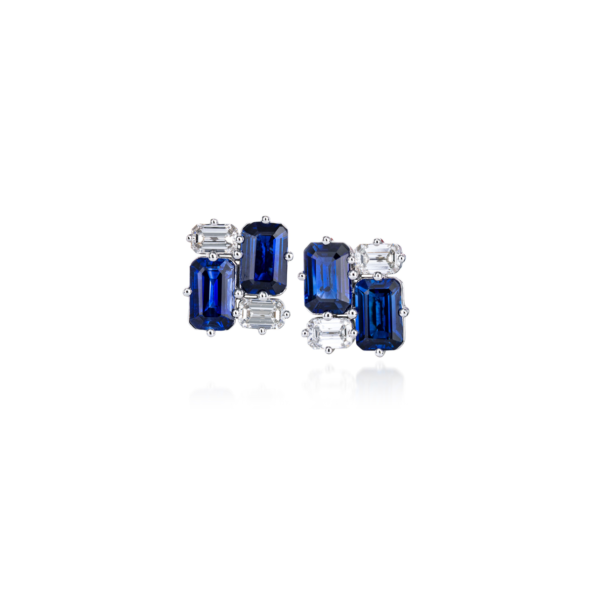 18K White Gold Emerald Cut Diamond & Sapphire Cluster Earrings