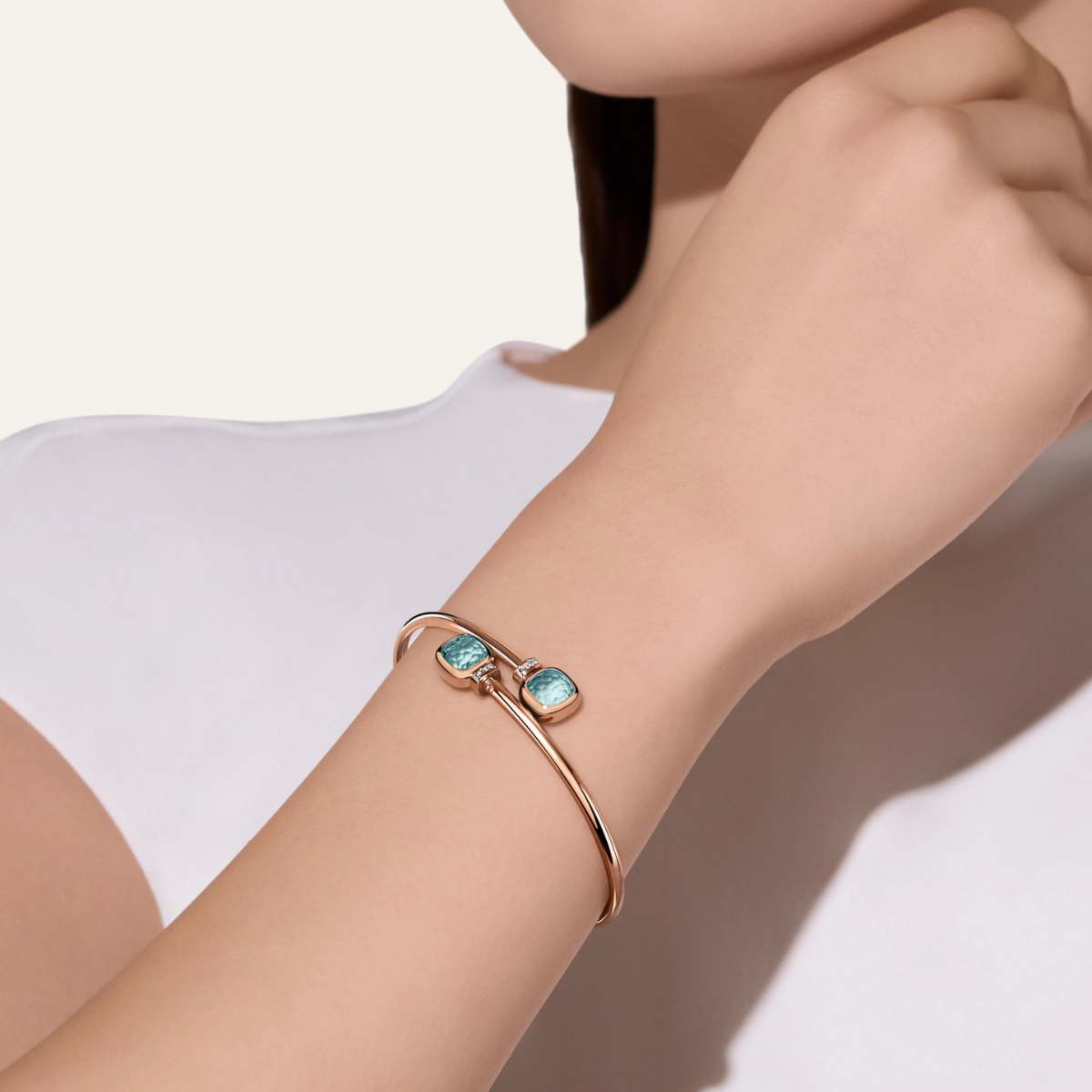 Pomellato Jewelry - Nudo 18K Rose Gold Diamond & Sky Blue Topaz Mini Bangle | Manfredi Jewels
