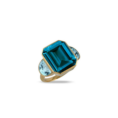 London Blue 18K Yellow Gold Topaz Center & Half Moon Topaz Sides Ring