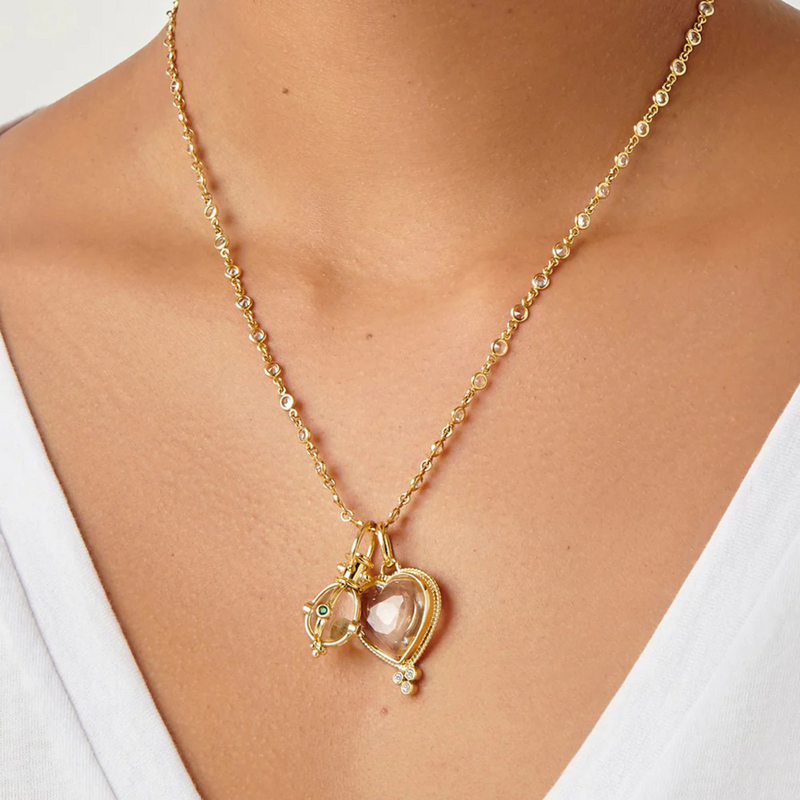 18K Yellow Gold Rock Crystal & Diamond Heart Pendant